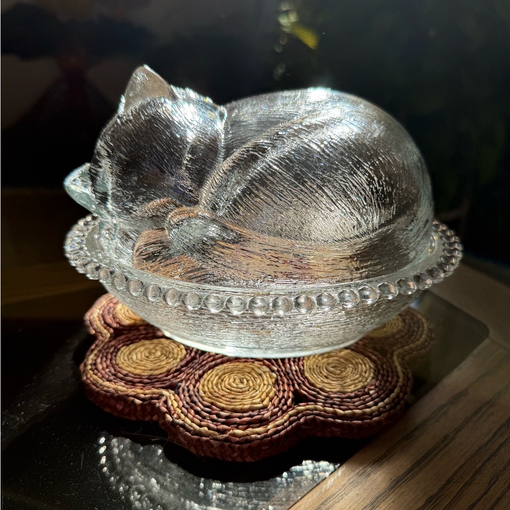 Indiana Glass Sleeping Cat Kitten on Nest Clear Covered Candy Dish